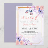 Cute Butterfly Paars Pink Floral Girl Baby shower Kaart (Voorkant / Achterkant)