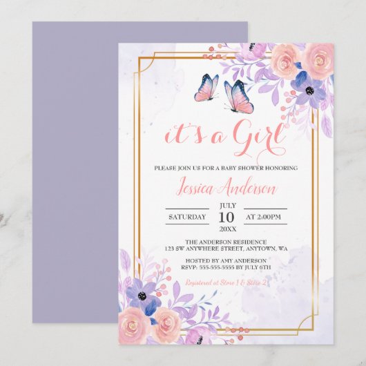 Cute Butterfly Paars Pink Floral Girl Baby shower Kaart (Voorkant / Achterkant)