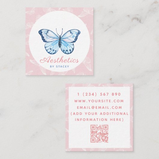 Cute Butterfly Pattern esthetics Add QR Code Roze Vierkante Visitekaartje (Voorkant / Achterkant)