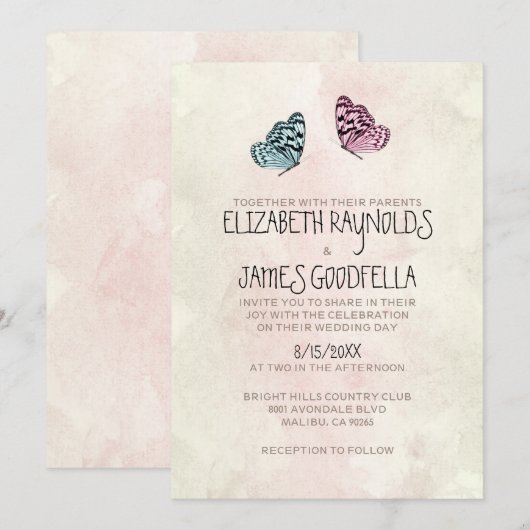 Cute Butterfly Wedding Invitations Kaart (Voorkant / Achterkant)