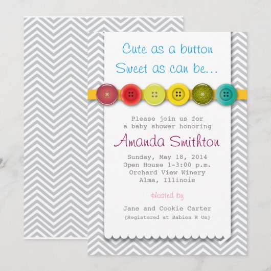 Cute Button Baby shower Invitation Kaart (Voorkant / Achterkant)