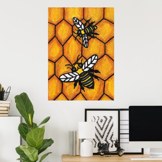 Cute Buzzing Bees op Honeycomb Poster (Thuiskantoor)
