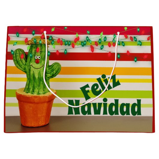 Cute Cactus and Holiday Lights Feliz Navidad Groot Cadeauzakje (Voorkant)