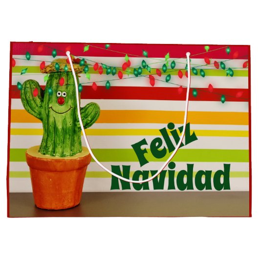 Cute Cactus and Holiday Lights Feliz Navidad Groot Cadeauzakje (Achterkant)