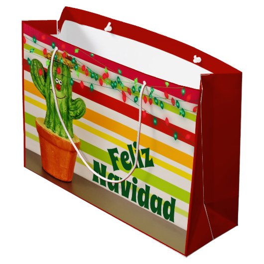Cute Cactus and Holiday Lights Feliz Navidad Groot Cadeauzakje (Achterkant Gekanteld)