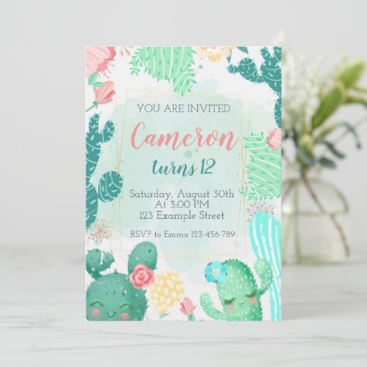 Cute Cactus Birthday Invitation Kaart (Staand voorkant)