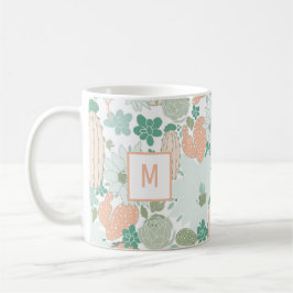 Cute Cactus Coral Mint Monogram Patroon Koffiemok