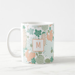 Cute Cactus Coral Mint Monogram Patroon Koffiemok
