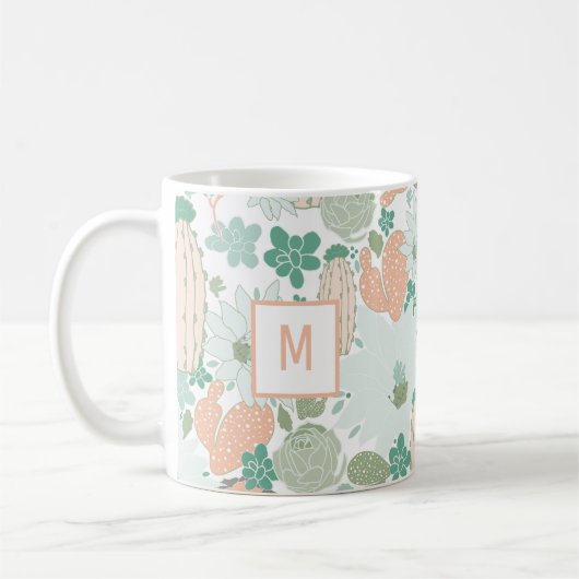Cute Cactus Coral Mint Monogram Patroon Koffiemok (Links)