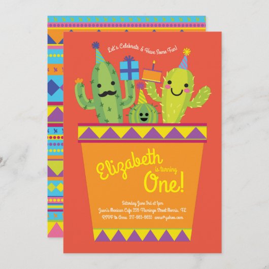 Cute Cactus Desert Kinder 1e verjaardag Mexicaan Kaart (Voorkant / Achterkant)