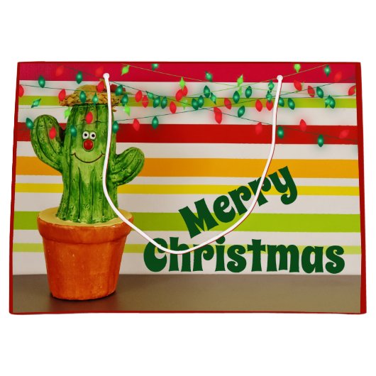 Cute Cactus en Festive String Lights Kerstmis Groot Cadeauzakje (Voorkant)