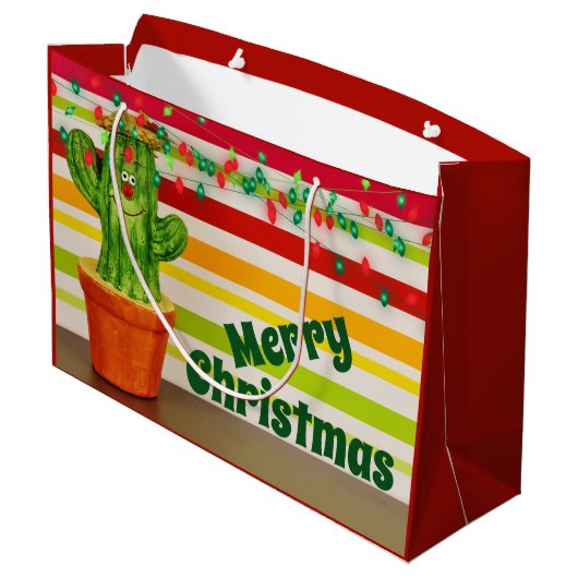 Cute Cactus en Festive String Lights Kerstmis Groot Cadeauzakje (Achterkant Gekanteld)