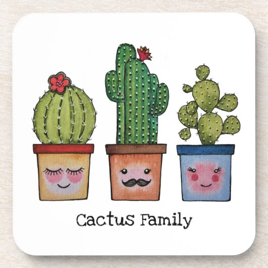 Cute Cactus Family in Waterverf Bier Onderzetter (Voorkant)