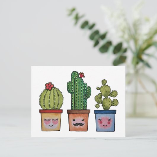 Cute Cactus Family in Waterverf Briefkaart (Staand voorkant)