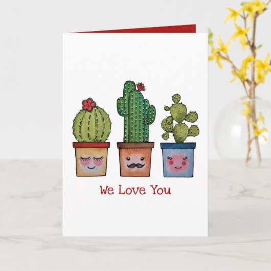 Cute Cactus Family in Waterverf Kaart (Gele Bloem)