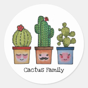 Cute Cactus Family in Waterverf Ronde Sticker