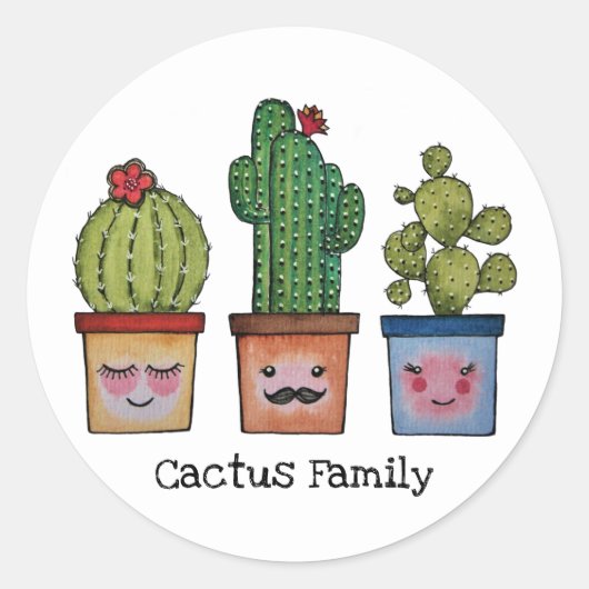 Cute Cactus Family in Waterverf Ronde Sticker (Voorkant)