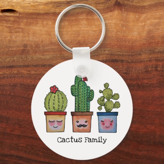 Cute Cactus Family in Waterverf Sleutelhanger (Voorkant)