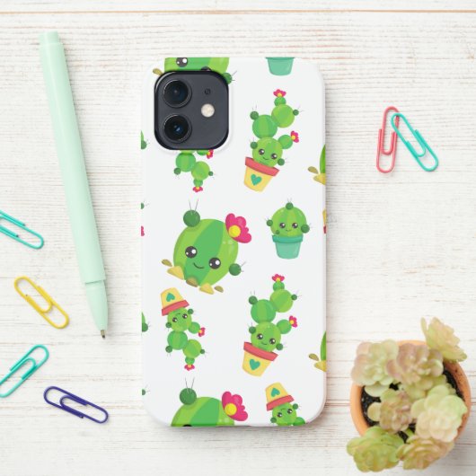 Cute Cactus, Green Cactus, Cactus Pattern iPhone Hoesje (Op bureau)