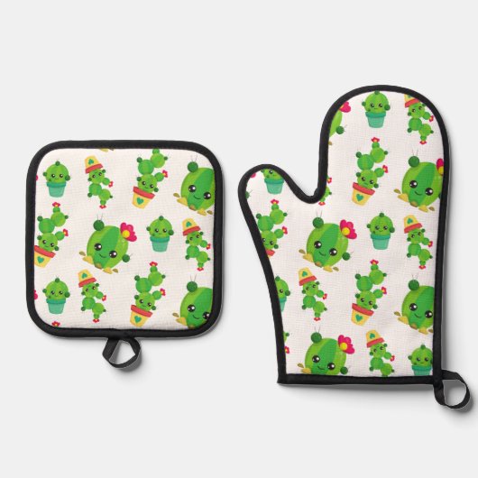 Cute Cactus, Green Cactus, Cactus Pattern Ovenwant & Pannenlap Set (Voorkant)
