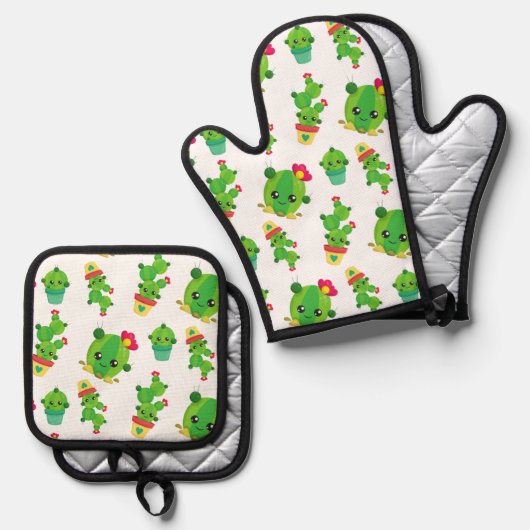 Cute Cactus, Green Cactus, Cactus Pattern Ovenwant & Pannenlap Set (Voorkant / Achterkant)