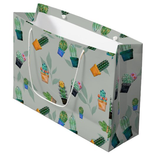 Cute Cactus Greenery Flower Pattern Groot Cadeauzakje (Voorkant Gekanteld)