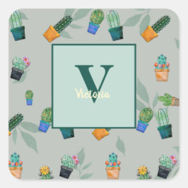 Cute Cactus Greenery Flower Pattern Vierkante Sticker
