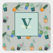 Cute Cactus Greenery Flower Pattern Vierkante Sticker (Voorkant)