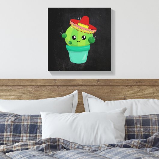 Cute Cactus in een Sombrero op het zwarte alkbord Canvas Afdruk (Insitu (Slaapkamer))