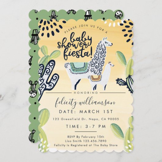 Cute Cactus & Llama Baby shower Fiesta Invitation Kaart (Voorkant / Achterkant)