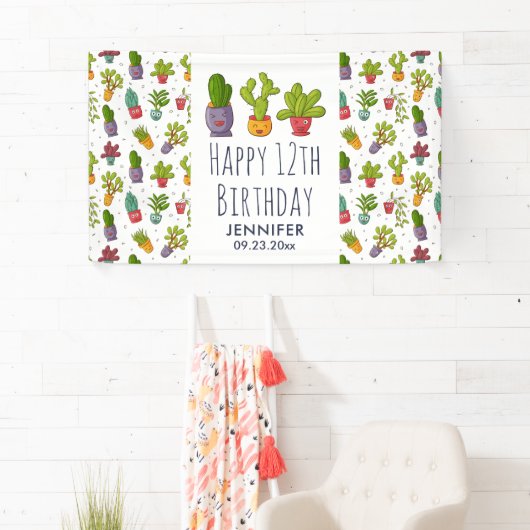 Cute Cactus Natuur Succulents Pattern Birthday Spandoek (Insitu)