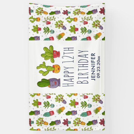 Cute Cactus Natuur Succulents Pattern Birthday Spandoek (Verticaal)