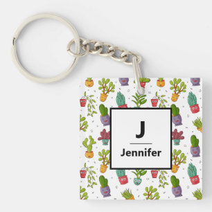 Cute Cactus Natuur Succulents Pattern Monogram Sleutelhanger