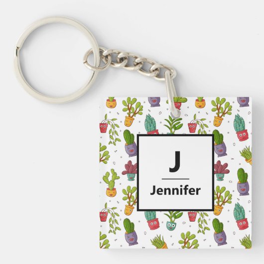 Cute Cactus Natuur Succulents Pattern Monogram Sleutelhanger (Voorkant)