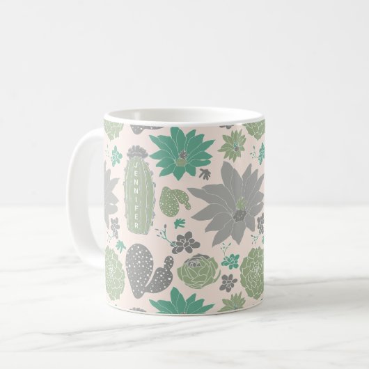 Cute Cactus Peach Gray Succulents and Name Koffiemok (Voorkant links)