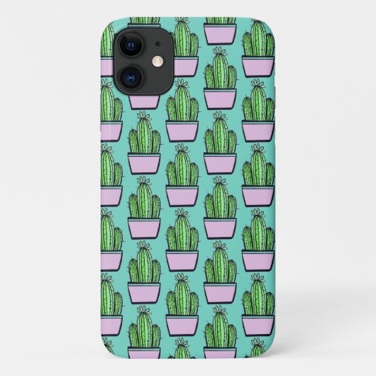 Cute Cactus Pink Pot Pattern on Marine Blue Case-Mate iPhone Case (Achterkant)