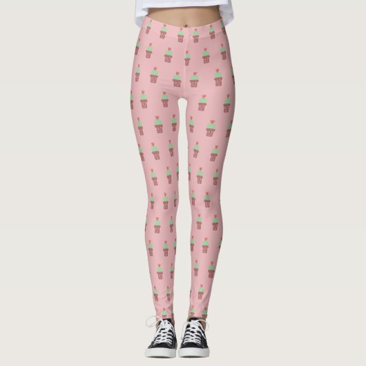 Cute Cactus Pot Plant Blooming Botanisch Patroon Leggings (Voorkant)