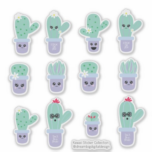 Cute Cactus Potted Paars Green Set Sticker (Voorkant)