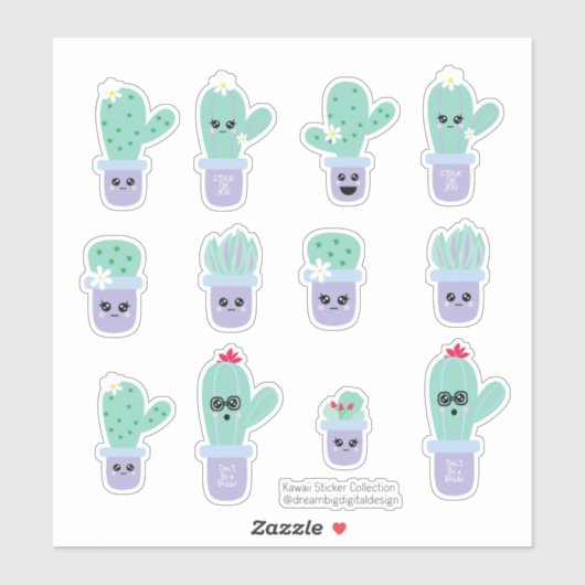 Cute Cactus Potted Paars Green Set Sticker (Vel)