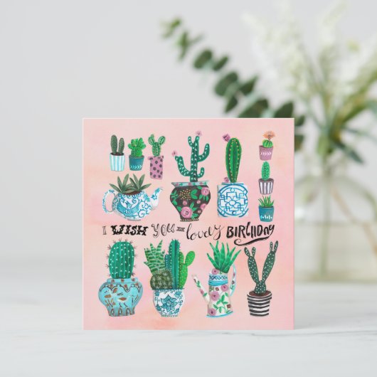 Cute cactus roze & groene plant minnaar verjaardag kaart (Staand voorkant)