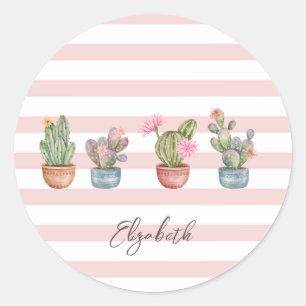 Cute Cactus Roze Wit Gestreept Patroon Ronde Sticker