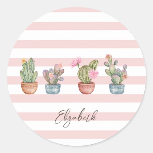 Cute Cactus Roze Wit Gestreept Patroon Ronde Sticker (Voorkant)