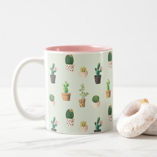 Cute Cactus Succulent Plant Pattern Pink Green Mok (Met donut)