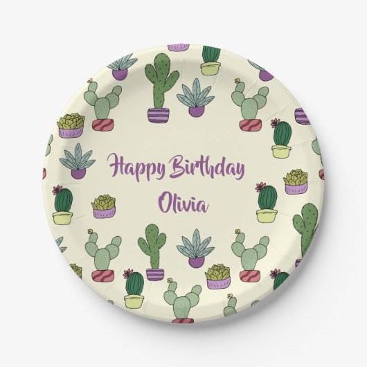 Cute Cactus Succulent Potent Planten Happy Birthda Papieren Bordje (Voorkant)