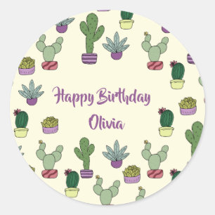 Cute Cactus Succulent Potent Planten Happy Birthda Ronde Sticker