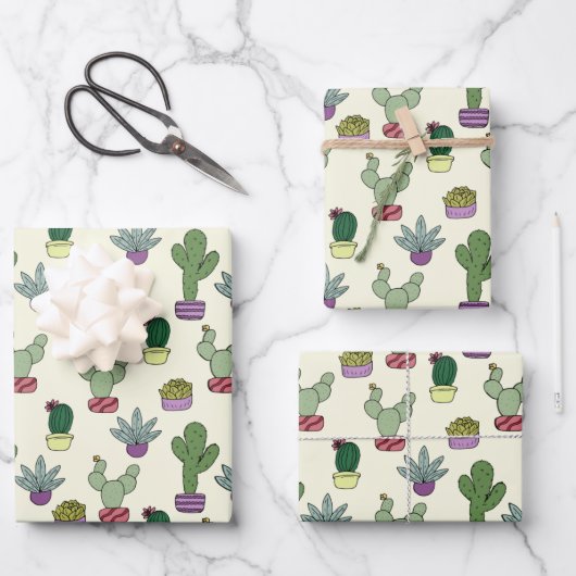 Cute Cactus Succulent Potlood Planten Cacti Patter Inpakpapier Vel (Voorkant)