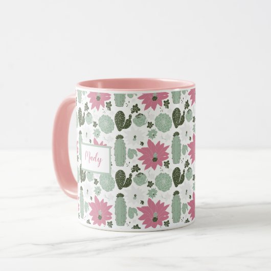 Cute Cactus Succulents Pattern met Name Mok (Voorkant links)