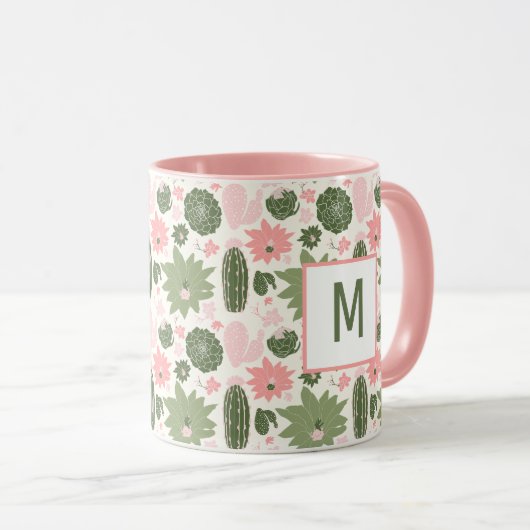 Cute Cactus Succulents roze Green met Monogram Mok (Voorkant rechts)