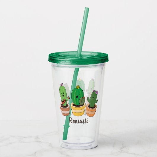 Cute cactus trio singing cartoon illustratie acryl drinkbeker (Achterkant)