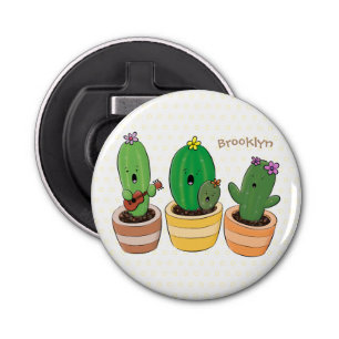 Cute cactus trio singing cartoon illustratie button flesopener
